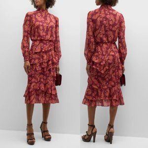 NWT Saloni High Neck Isa Silk Georgette Tiered Ruffle Midi Dress Size: 0